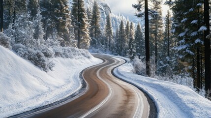 Obraz premium The winding mountain road covered in snow, surrounded by tall pine trees, background wallpaper AI generated image