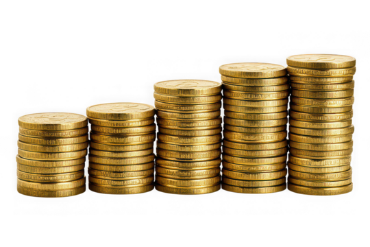 Gold coin stacks growing graph isolated on transparent background