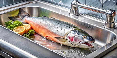 Cleaning coho salmon fish for eating in a clean kitchen sink, cleanliness, utensils,  cleanliness, utensils, food preparation