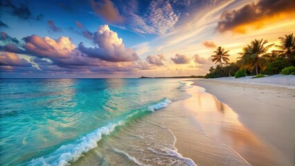 Serene beach scene with gentle waves rolling onto white sandy shore at sunset on a tropical island in crystal-clear turquoise sea