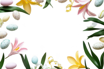Pastel easter eggs and lilies isolated on transparent background