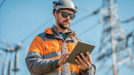 Drone Pilot Inspects Power Lines Using Tablet for Safety Assessment