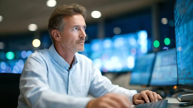Engineer overseeing industrial operations with SCADA software in a control room setting.