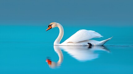Fototapeta premium White Swan on Calm Blue Water Reflection Peaceful Nature Scene