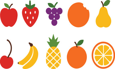 Colorful Flat Icon Set of Various Fruits