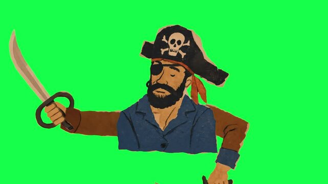 Colorful pirate cartoon illustration animation, transparent 4K video, green screen