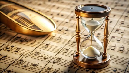 Clock hourglass on music sheet, notes, clock,  notes, clock,music, hourglass, design, art, time, symmetry