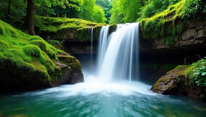 Serene waterfall cascading down moss-covered rocks, lush green foliage surrounding the vibrant water flow Perfect for nature, tranquility, and eco-themed projects , outdoor, summer, fresh