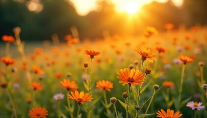 Golden hour sunlight bathes a vibrant field of wildflowers swaying gently in the summer breeze Perfect for summer, nature, and idyllic themes , sky, landscape, tranquil
