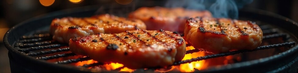 A sizzling barbecue grill, flames licking the meat, perfectly cooked food ready to be served Enjoy the delicious aromas and the satisfying crackle of the grill , grilling tools, juicy