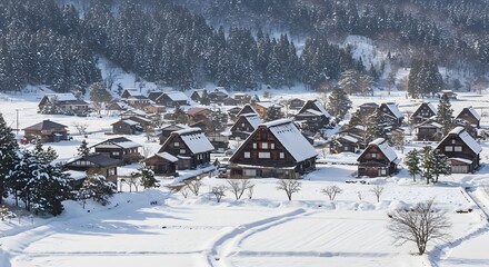 Traditional Japanese Wooden House Village in Winter – Snow-Covered Architecture, Peaceful  Landscape, and Serene Seasonal Atmosphere