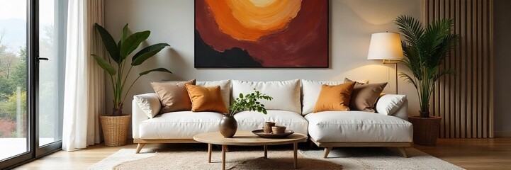 Stylish modern living room interior, featuring a comfortable sofa, decorative throw pillows, and elegant artwork Warm lighting creates a cozy atmosphere , warm lighting, bookshelf, minimalist
