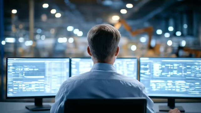 Engineer operating SCADA software to manage robotic automation in an industrial setting.