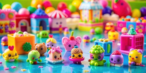 Shopkins on a colorful background with various small toys and objects scattered around them, whimsical scene, miniature world