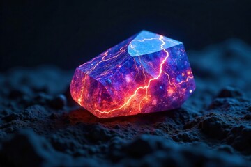 Intricate, glowing lightning stone rests on dark, rough surface Veins of light pulse within the crystal, suggesting powerful energy Mystical, magical, otherworldly feel , close-up, mineral