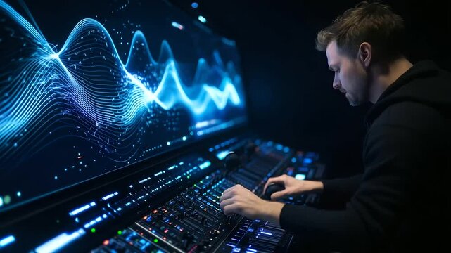 Music producer leans in, tweaking EQ settings on digital mixer, abstract visualization waves moving across high-resolution screens