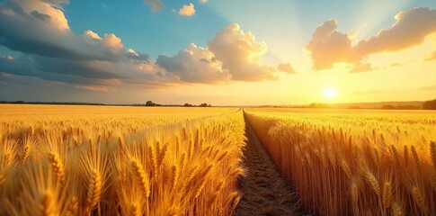 Golden wheat fields stretching to the horizon under a vibrant summer sky, ripe for harvest A scene of rural abundance and agricultural prosperity , agricultural land, rich, harvest