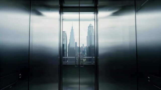 there is a long hallway with a metal elevator and a city view