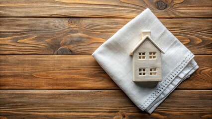 House-Shaped Napkin with White Glaze on a Wooden Table,, vintage charm