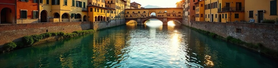 Crystal-clear water flowing through the historic streets of Florence, reflecting the Tuscan sun and ancient architecture A picturesque scene of Firenze's waterways , landscape, scenic, stream