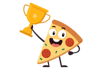 Cartoon pizza slice with pepperoni holding a golden trophy with a star on a black background
