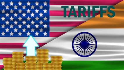 waving indian flag on usa flag with tariffs word and coins stack. new usa import export trade policy by government.