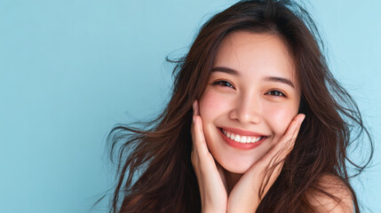 Naklejka premium Happy Woman Smiling with Blue Background.