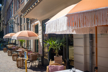 Beautiful umbrellas in a cafe in the Dutch city of Deventer. High quality photo