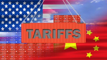 Tariffs word on loading container with two half waving usa and China flag at beach and bright sky. concept for new usa trade policy impact on import and export business between usa and China.