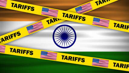 Tariffs word and usa flag yellow caution tape on indian flag. concept for new usa trade policy impact on import and export business between usa and India.