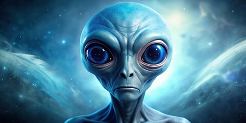 A blue extraterrestrial being with large, round eyes gazes intensely at a plain white background , space, intergalactic