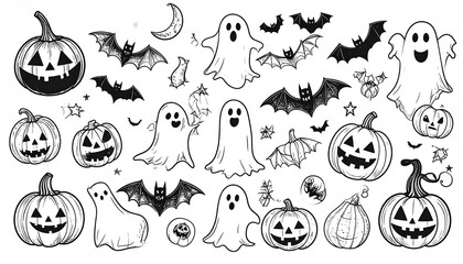 A whimsical Halloween illustration featuring hand-drawn jack-o'-lanterns, friendly ghosts, bats, and stars against a white backdrop; simple, sketchy style