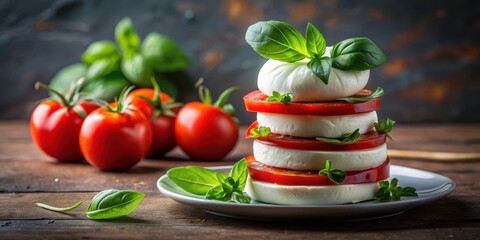 Fresh mozzarella cheese is stacked on top of juicy tomatoes and fragrant basil leaves in a simple yet elegant composition , fresh herbs, fresh mozzarella