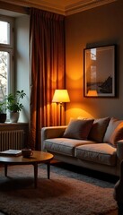 Warm, inviting living room illuminated by soft, ambient lighting from floor lamps and table lamps Cozy atmosphere perfect for relaxation Ideal for home decor websites , home, cozy