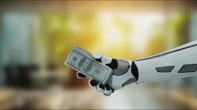 A futuristic robotic hand grips a dollar bill, symbolizing the merging of technology and finance. This image encapsulates innovation in economic systems. MZL