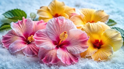 Delicate hibiscus flower petals intricately arranged on a frosty white surface, showcasing their vibrant pink and yellow hues , winter bloom, nature still life
