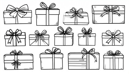 A collection of fourteen hand-drawn, line-art gift boxes, each tied with a ribbon bow, varying in shape and size
