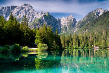 Beautiful Lake Fusine Superiore and mount Mangart, Julian Alps, Tarvisio, Udine province, Friuli...