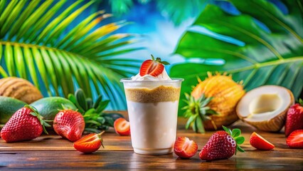 Creamy coconut milk and strawberry blended together in a plastic cup, sitting on a colorful background with various tropical elements , iceream, plastic cup
