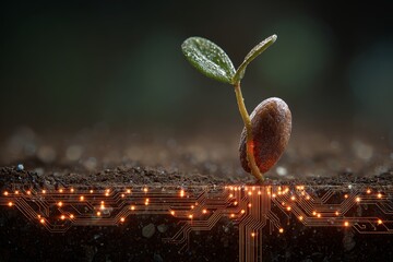 Digital illustration fusing botany and electronics centered single brown seed resting exactly on the soil line, a delicate twin-leaf green sprout growing upward