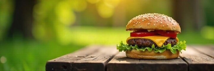 A juicy cheeseburger sits on a rustic wooden picnic table outdoors, sunlight illuminating the fresh ingredients Enjoy the simple pleasure of a delicious burger in nature , bbq, sunlight, eat