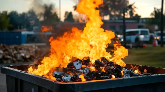 A fire in a large dumpster behind a restaurant, smoke billowing out and flames licking at the sides as the contents of the trash are burned away