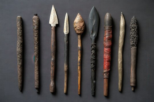 Various ancient primitive hand spears, Several ancient hand spears arranged side by side, highlighting their primitive design and historical significance