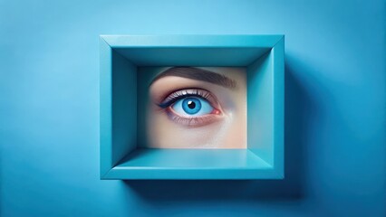 Blue Eye in a Light Blue Square Box,, calm expression, isolated,  calm expression
