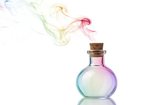 A glass bottle with a cork stopper emitting colorful smoke against a black studio background scene view