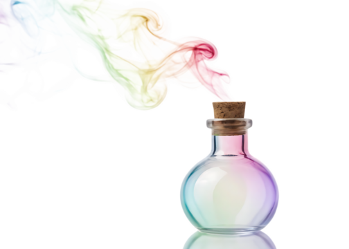A glass bottle with a cork stopper emitting colorful smoke against a black studio background scene view
