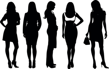 Elegant Women Silhouettes in Various Poses and Attire, a Fashion Illustration