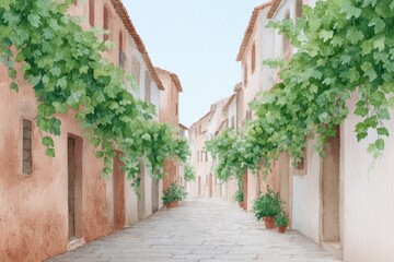 Obraz premium Quaint Mediterranean alley with verdant vines, sunlit nostalgia, resembling a timeless siesta during Italy's Ferragosto or France's Fete de la Vigne