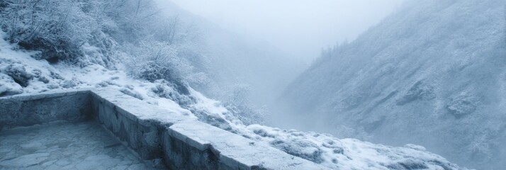 Stone-laden path veiled in ethereal frost, echoing Yule's whisper and Niflheim's mythic embrace, winter solitude's serene ballet