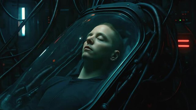 Cryosleep capsule holds resting traveler under dim neon, cryosleep capsule hints long galactic voyage, silent tubing keeps cryosleep capsule stable. Concept deep-space hibernation.